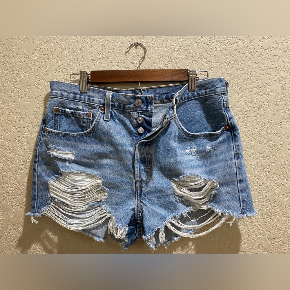 Levi's Light Blue Distressed High-Rise Denim Shorts